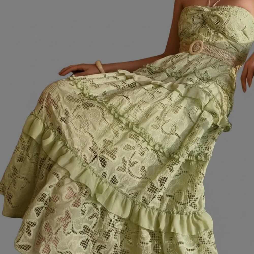 MOTIVE NWT XS Sage Green Lace Strapless Lace Self-Tie Midi Dress Floral Ruffle